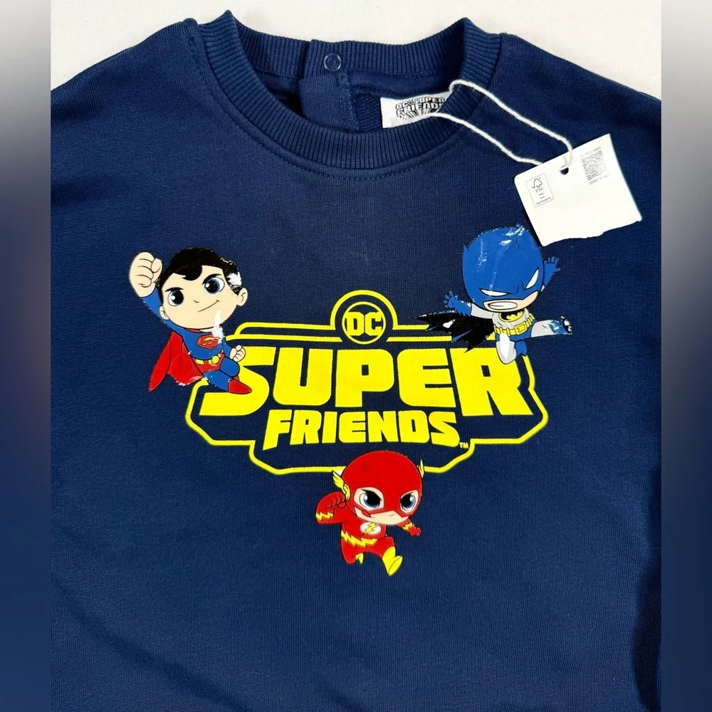 NWT DC SUPERFRIENDS Boys Superhero Sweatshirt 2T Navy Superman Flash Batman New‎